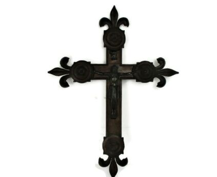 French Vintage Ornate hand Carved Wood Oak Hanging Crucifix Cross Jesus Christ Copper Corpus Fleur de Lis Lys 25.19"