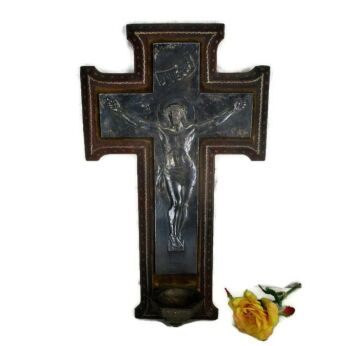Antique Hanging Wall Crucifix Holy Water Font Signed Collector Brass HTF
