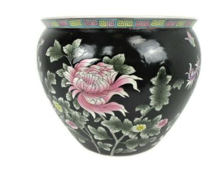 XL Vintage Chinese Porcelain Enamel Famille Rose Koi Fish Bowl Planter Vase  Cachepot Flowers Black Flowers  Stunning