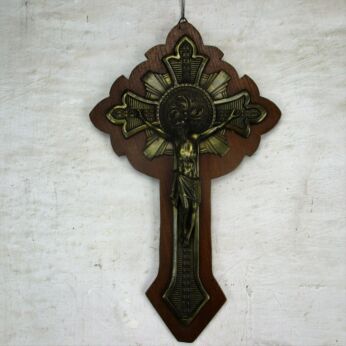 Hanging Crucifix Brass on Wood Jesus Christ art deco 1920s 15.35"