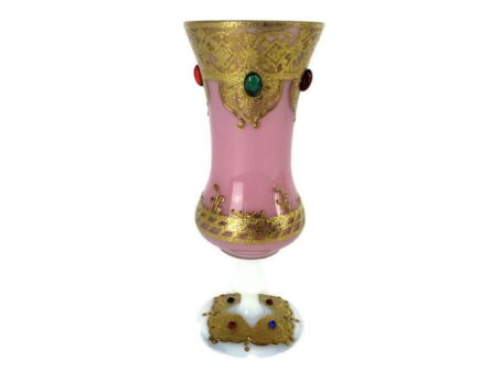 Vintage Small Pink  Opaline Art Glass Vase Cased Glass Stemmed Base Medallions 8.26"