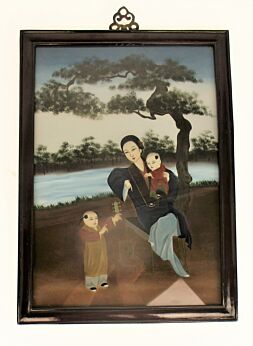 Vintage Antique Chinese Reverse Glass Painting Scroll Mother Child Lady