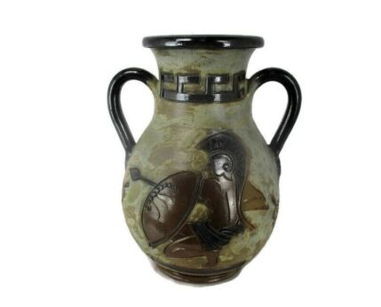 Art Deco Revival Vase Marked Guerin 2 Handles Greek Mythology Warrior Stoneware 13.80"