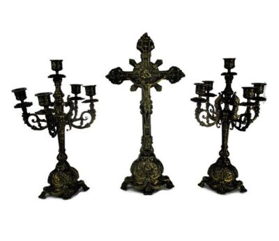 Impressive Altar Set Standing Crucifix with two Candelabras 5 arm Ornate Embossed Brass WOW
