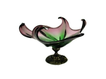 Gorgeous Art Glass Centerpiece Bowl Fruit Dish Green Cranberry Brass Pedestal