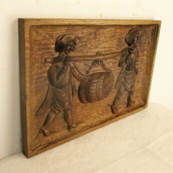 Vintage Hand Carved Wooden Panel Plaque Reclaimed Bacchus Pediment Breughel Two Barrel Carriers