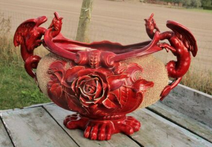 Gorgeous French Antique Majolica Barbotine Planter Cache pot Dragon Handles