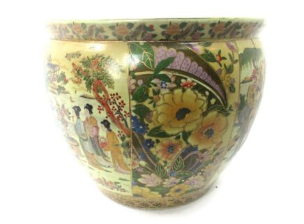XL Vintage Chinese Porcelain Enamel  Koi Fish Bowl Planter Vase   Cachepot Geisha