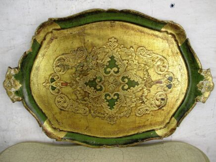 L Italian Mid Century Hollywood Regency Florentine Serving Tray Wood Green