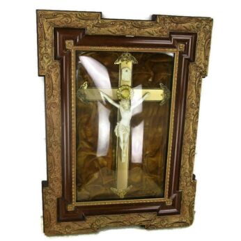 L Antique Ornate Wooden Plaster Frame Brown Velvet Convex Glass Dome Crucifix