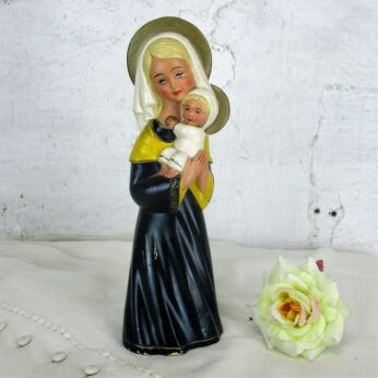 Small Polychrome Antique Neo Gothic 1900 Statue Virgin Mary Infant Plaster HTF