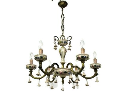 Capodimonte style chandelier 6 arm Lights Brass Porcelain Flowers Italy Gorgeous