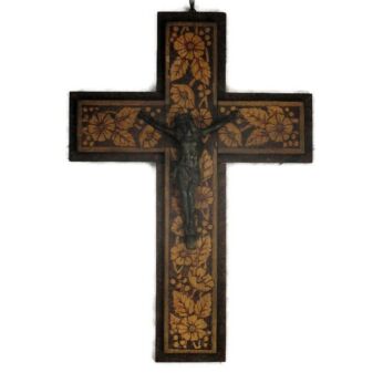 Hanging Crucifix Two Toned Hand carved Wood Flowers Spelter Corpus Christi