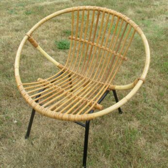 Vintage Mid Century Rattan Round Hoop Chair Iron Retro Authentic