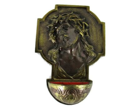 Brass Embossed Holy Water Font Jesus Christ Head of Thorns Wall Hanging HTF
