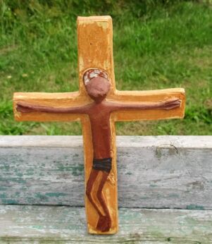 Mid Century Design Ceramic Modernist Crucifix Brown amphora Signed