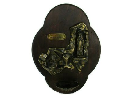 Art Deco Wall Holy Water Font Vessel  Blessed Virgin Mary  Bernadette Brass on Wood Oostakker Lourdes France  Collector