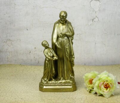 Statue Saint Gerard Majella Infant Jesus Bun Patron Fertility Bisque Gold Paint