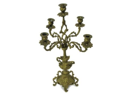 Gorgeous Brass Ornate Embossed Candle Holder Stick Candelabra 5 arm Gold Painted