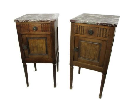 Couple Pair Antique French Art Nouveau Marble top Hand Carved Wood Side Cabinet Lamp End Table Nightstands Gorgeous WOW