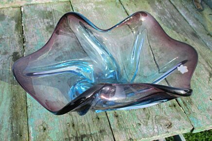 Lovely Blue Cranberry Basket Dish Centerpiece Murano Poli Seguso Art Glass 
