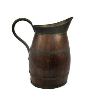 Antique Large Wooden Brass Hoops Wine Pitcher Jar Primitive Ewer Decorative Ornate