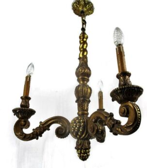 Vintage Ornate Hand Carved wood Chandelier 3 lights arms Ceiling Grapes Lovely