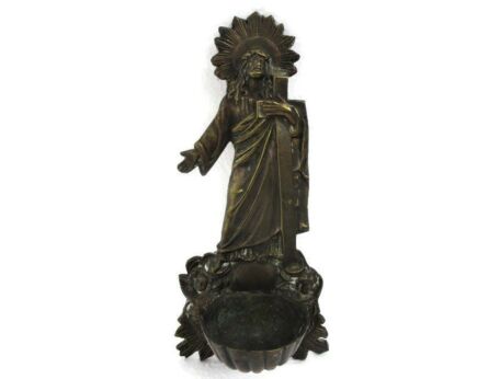 Bronze Embossed Holy Water Font Jesus Christ Crucifix Hanging vessel with Lid Extremely rare Antique Gorgeous