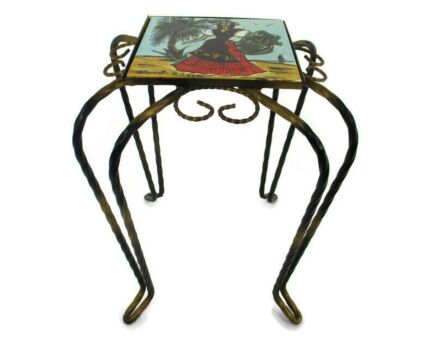 Vintage Side Table Plant stand Ceramic Tiles French Lady Wrought Iron Hairpin Legs