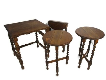 Barley Twist Set Wood Side Occasional Wine Coffee Table Pedestal Plant Stand pliable Set of 4 tables!! Barn Style 3 pliable nesting tables
