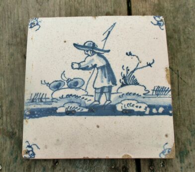 Antique 18th C. Delft Tile Dutch Blue White Fisherman Fisherboy Cute