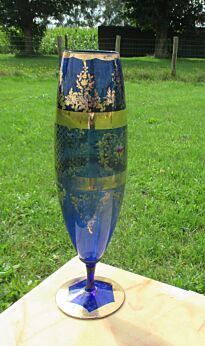Vintage Tall Blue Vase Art Glass Gold Gilt Red "Ruby" 16.93"