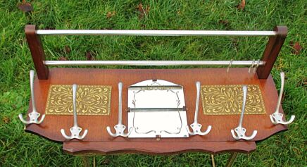 Vintage French Wooden Coat Hat Rack Mirror Brass