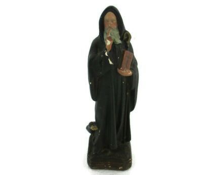 Vintage Statue Figurine St Saint Benedict of Nursia Raven Plaster Gothic HTF 8.66"
