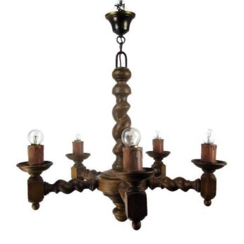 Barley Twist Wooden Chandelier Hand carved Wood 5 arm Lights Mid Century