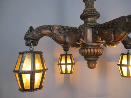 Gothic Dragon Heads 4 Arms Wood Chandelier Lamp Art Deco Glass Shades French