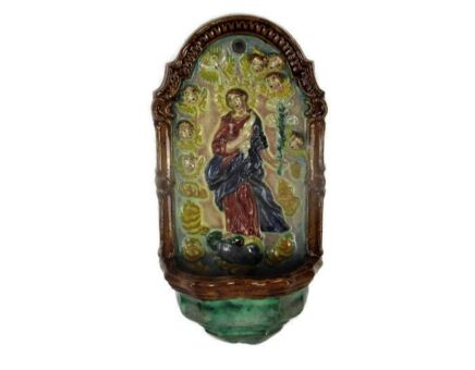 Holy Water Font Wall Hanging Vessel Terra Cotta Virgin Mary Madonna Infant Child Angels