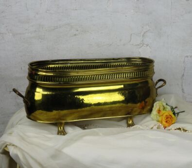 large Embossed Brass Oval Planter Jardiniere flower pot Ornate Lion legs