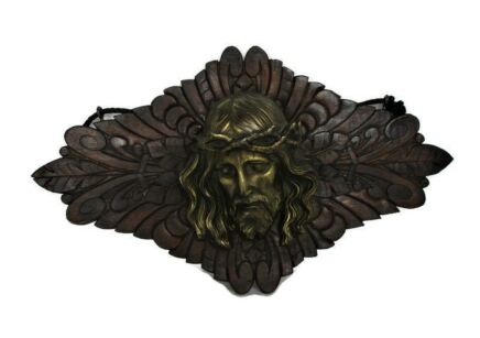 Wall Plate Decorative Jesus Christ Head of Thorns Hand Carved Wood Brass Vintage Gorgeous