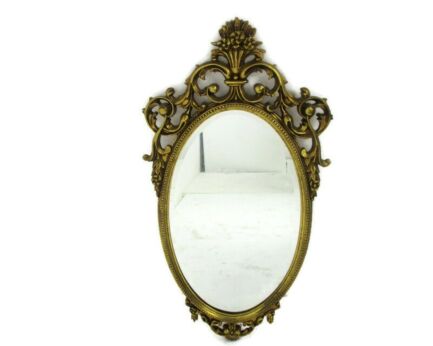 Large Ornate Oval Brass Wall Hanging Mirror Romantic Hollywood Regency Flower Basket Beveled Glass