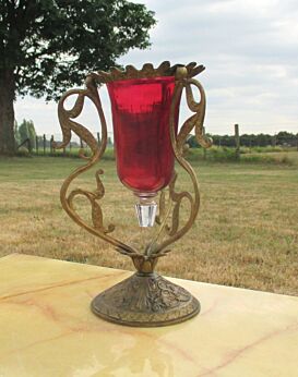 Antique French Brass Ruby Red Handblown Glass Centerpiece Vase Potpourri