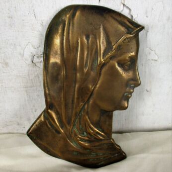 Antique Brass Wall Hanging Plaque Religious Virgin Mary Madonna Reclaimed