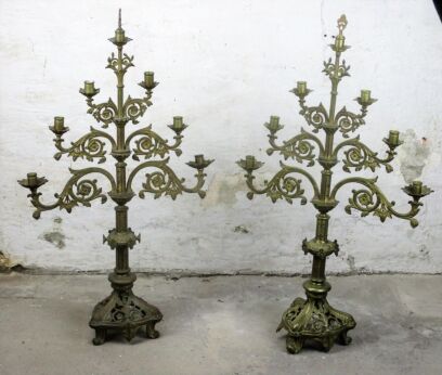 Couple Antique 19th C XL Candelabra 7 arm Church Altar Ornate Brass Adjustable