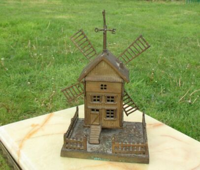 Vintage Miniature Bronze Windmill Piggy bank spins Lovely