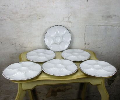 Set of 6 Oyster Plates Porcelaine de Baudour White with Silver Rim Belgium 9.44"
