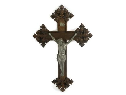 Vintage Oak Hanging Crucifix Cross Jesus Christ Spelter Corpus Beautiful 18.7"