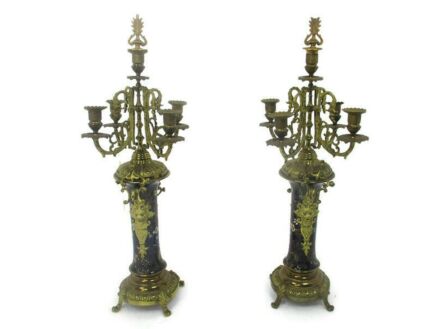Couple Candle Holders Brass Porcelain Enamel  Ornate   Stylish Candelabra 5 arm WOW French
