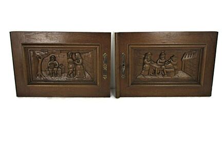 Pair Antique Hand Carved Wood Door Panels Reclaimed Architectural Kitchen Cabinet Doors Salvaged Breughel Scenes
