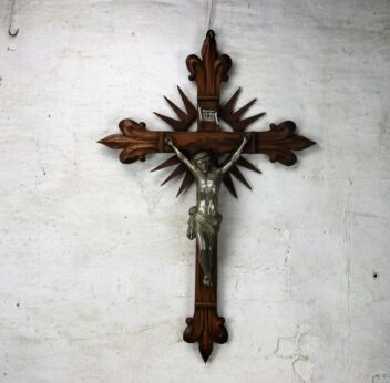 Large French Hand Carved Ornate Crucifix Spelter Jesus Christ Fleur de Lis 26"