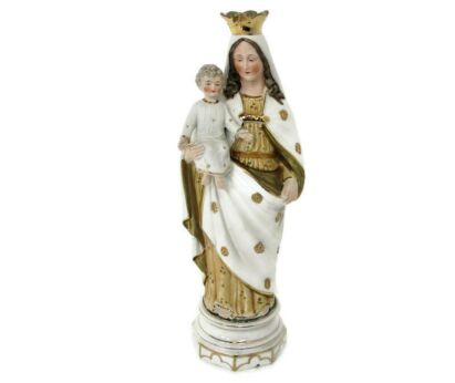 Antique Porcelain Bisque Statue Virgin Mary Our Lady Madonna Infant Jesus  Orange  Gorgeous Rare Colors